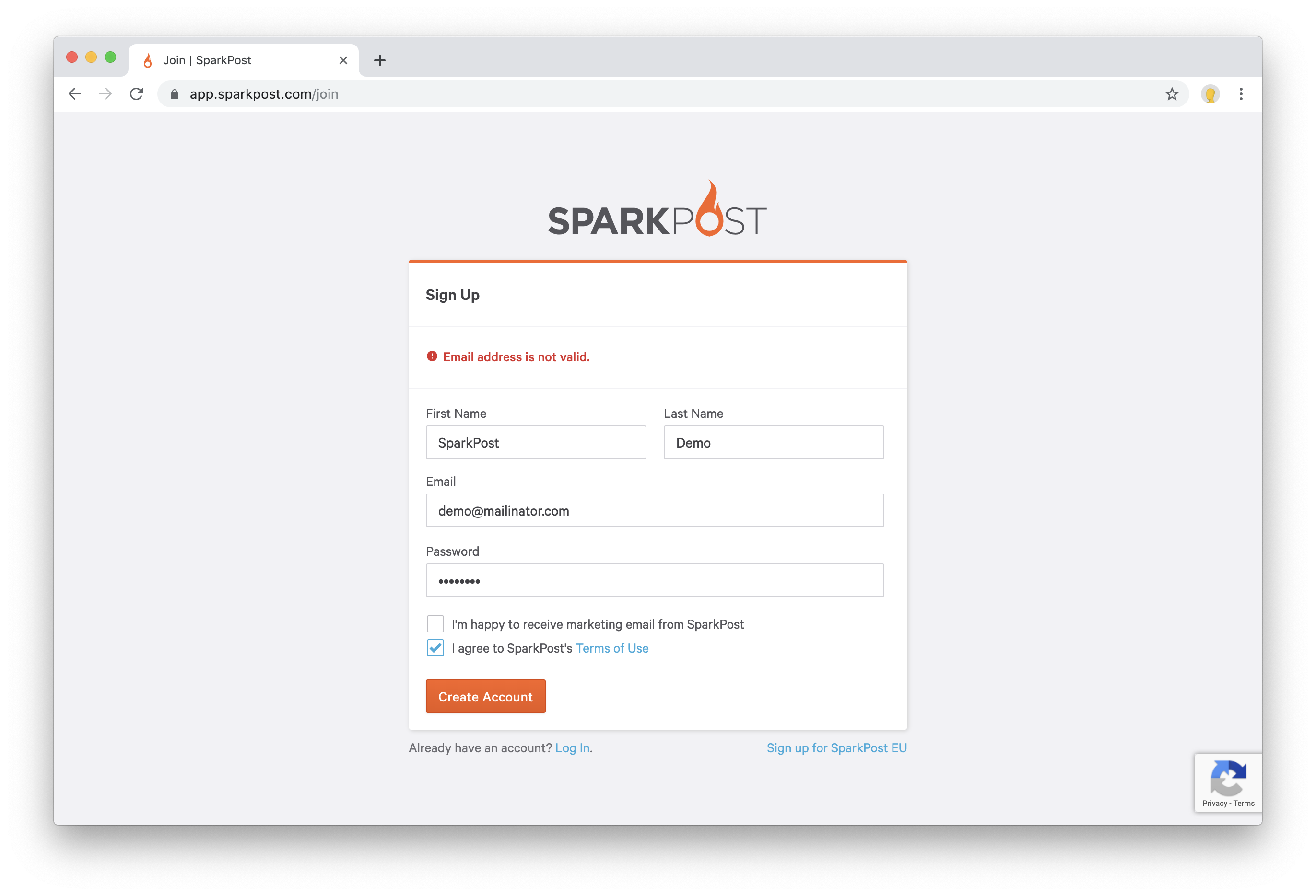 SparkPost sign up rejection example